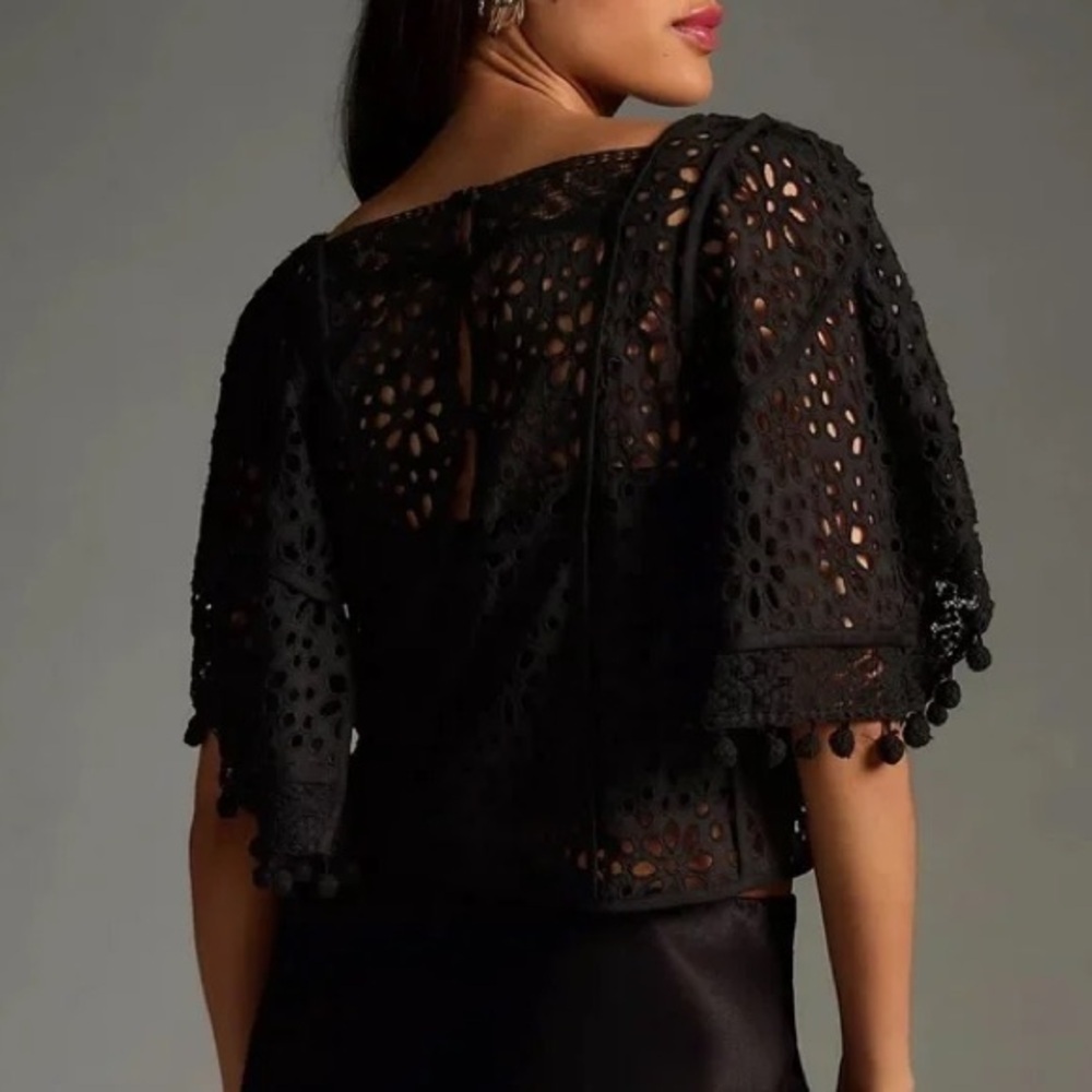 Anthropologie Black Eyelet Lace Cropped Blouse - Picture 2 of 15